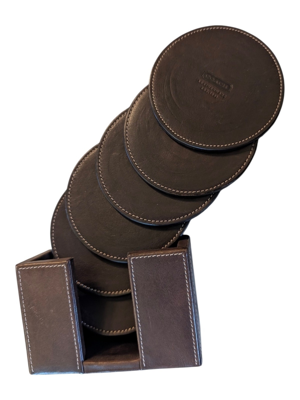 Coach Leather Drink Coaster Set Of 6 with Holder - Brown